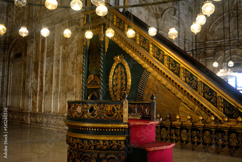 Details of prayer niche and mosque pulpit of The great mosque of Muhammad Ali Pasha or Alabaster mosque in Citadel of Cairo, the main material is limestone and alabaster located in Salah El Din Castle