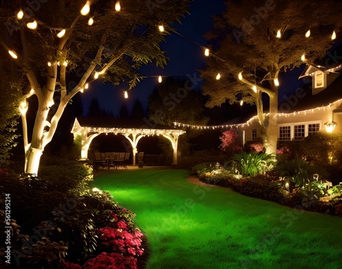 night time beautiful backyard scene with garland of lights on trees, festive party decor, home garden