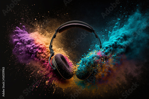 Headphone and vivid color powder. Creative music and festival concept. Generative Ai. 