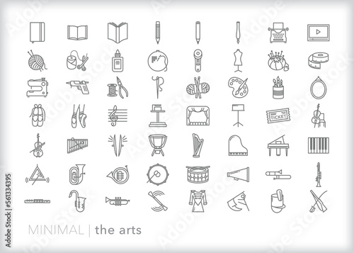 Set of line icons of the arts in education, including the school topics of music, art, literature, band, crafts, and theater