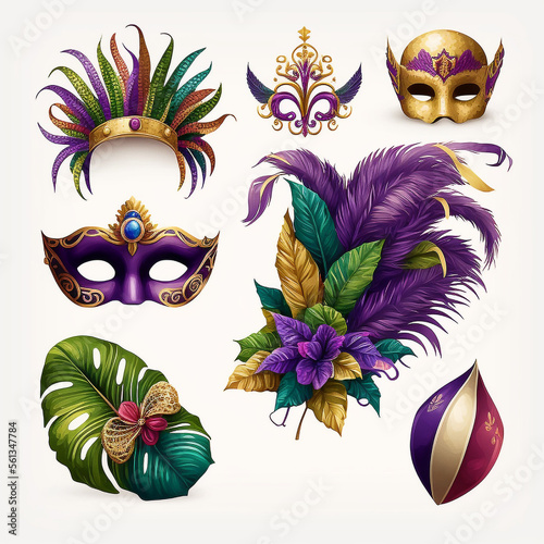 Mardi Gras Elements Illustration Vector Set - Mask Feathers - Purple Green Gold - Generative AI