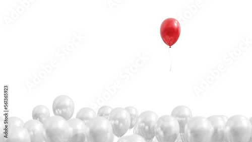 3d render of a red balloon and white on white, 3d rendering of red ballon move away from a group of white, concept of leadership. PNG transparent