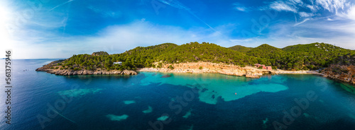 Aerial view of Cala Saladeta, Ibiza islands, Spain