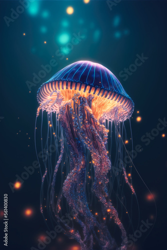 a vibrant bioluminescent jellyfish in dark blue water, generative ai