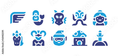 Fairytale icon set. Duotone color. Vector illustration. Containing wings, mermaid, dragon, kraken, fairy, unicorn, satyr, gnome, mushroom, sword.