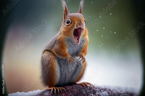 Squirrel expresses emotions. Angry squirrel, squirrel screams with an open mouth. Comedy Wildlife background. Digital artwork 