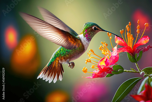 Hummingbird flying to pick up nectar from a beautiful flower. Digital artwork 