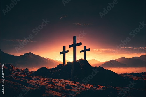 Three crosses stand on a barren, windswept terrain, silhouetted against a darkening sky, as the sun sets behind them.