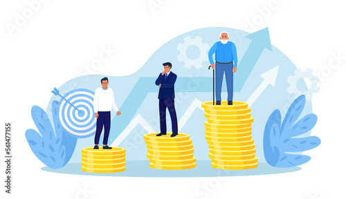 Retirement savings plan, financial investment growth. Pension management. Teenager, businessman, pensioner grandfather standing on stacks of gold coins money. People invest earning in pension fund