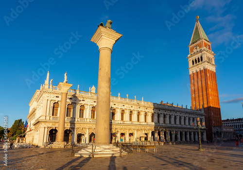 Library of Saint Mark (Biblioteca Marciana) and Campanile tower on San Marco square in Venice, Italy