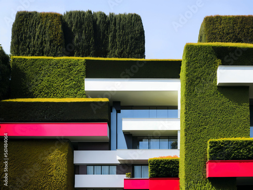 Modern bauhaus architecture style with green planted walls. Generative AI