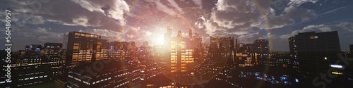 Evening city at sunrise, night skyscrapers in the rays of the sun, 3d rendering