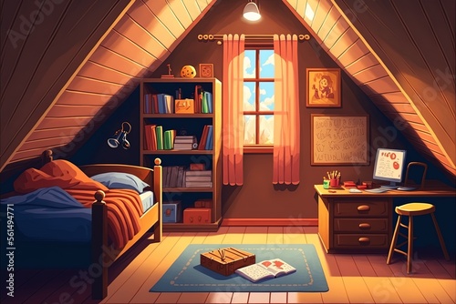 interior of a child's attic chamber in cartoon form. Boy of toddler age, ideally in a bucolic setting Generative AI
