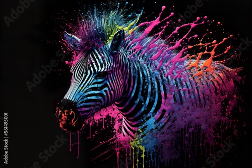 Painted animal with paint splash painting technique on colorful background zebra