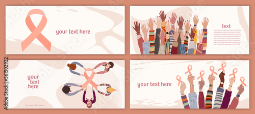 Uterine cancer awareness concept. Group of different culture female hands holding a pink ribbon.Banner.Solidarity and support for women fighting uterine cancer.Prevention.Cancer survivor