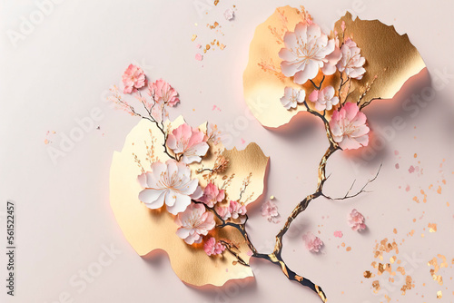 Spring wallpaper with sakura blossom. Abstract design for prints, postcards with golden elements. AI 