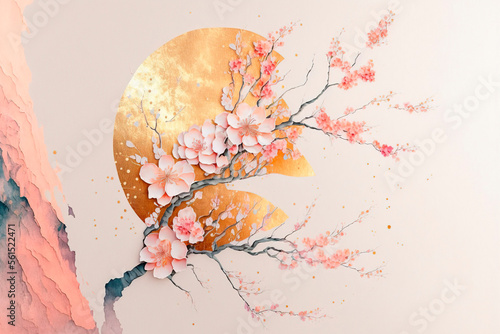 Spring wallpaper with sakura blossom. Abstract design for prints, postcards with golden elements. AI 