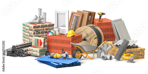 Construction materials and tools isolated on white background.