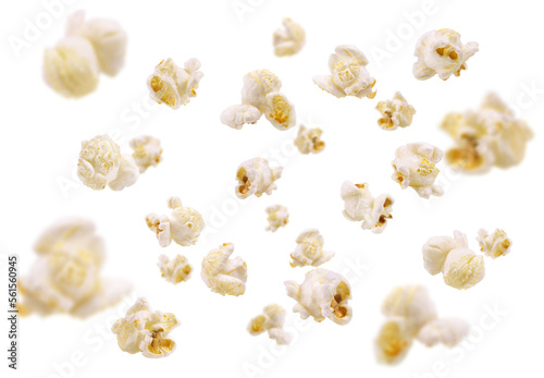 Flying popcorn isolated. Fresh popcorn flakes on a white background.