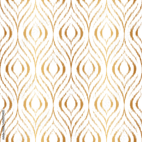 Peacock feather seamless pattern. Repeating gold bohemian ornament. Abstract golden wallpaper. Repeated geometric motif for design print. Repeat geometry line. Ogee navajo texture. Vector illustration