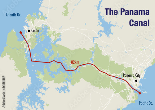 Map of the Panama canal, illustrating the route from the Pacific to the Atlantic ocean
