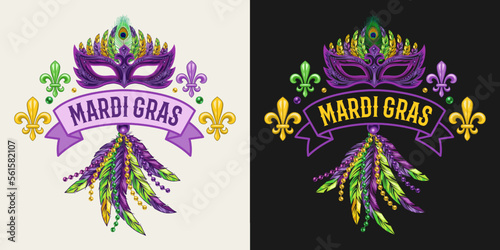 Carnival Mardi Gras label with fleur de lis symbol, feathers, carnaval mask, ribbon, beads, text. For prints, clothing, t shirt, surface design. Vintage style