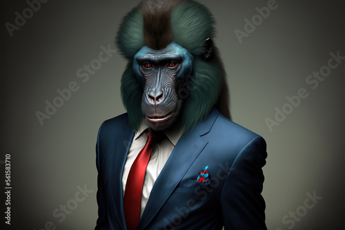 portrait of a mandrill dressed in a formal business suit, generative ai
