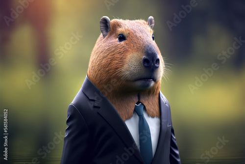 Portrait of a capybara dressed in a formal business suit, generative ai