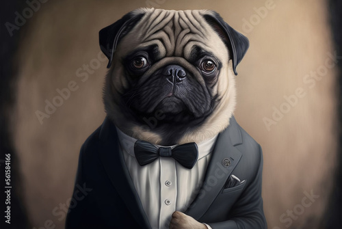 Portrait of a pug dog dressed in a formal business suit, generative ai
