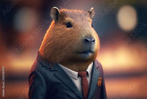 Portrait of a Capybara dressed in a formal business suit, generative ai