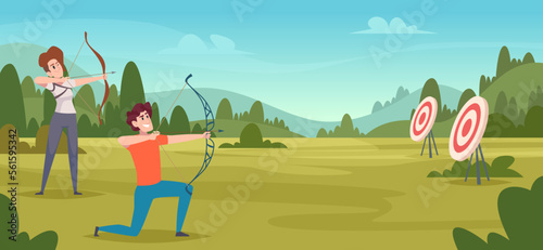 Archery competition. Cartoon background with shooting archers to target exact vector template