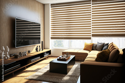Modern interior living room design and decoration in earth tone and natural color furniture fabric sofa tv on woonden wall sunlight from blinds window. condominium showcase. Generative AI