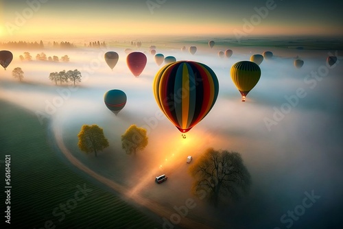 plein de montgolfières s'envolent au dessus d'une campagne avec un léger brouillard le matin à l'occasion d'un festival - illustration généré par IA