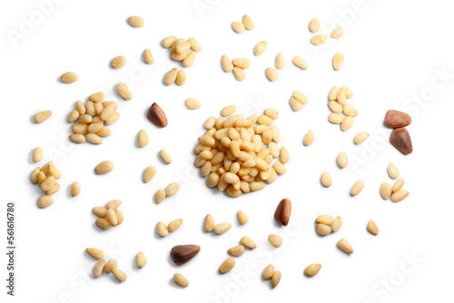 Pine nuts, pignoli (seeds of Pinus sibirica), single, in piles, shelled top view isolated png