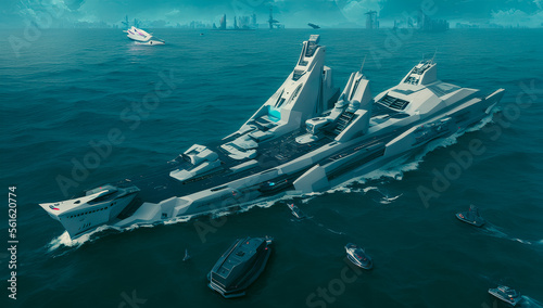 Futuristic ship on the sea. Generative AI