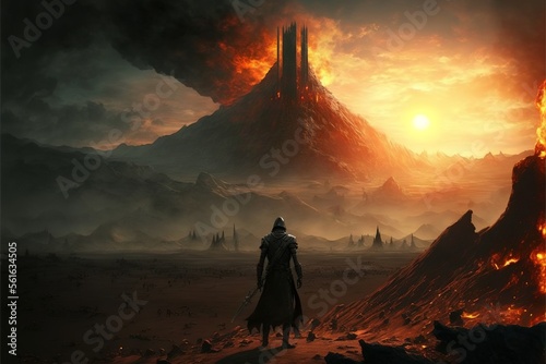 Warrior standing on lava field looking at castle on top of volcano, landscape. AI digital illustration