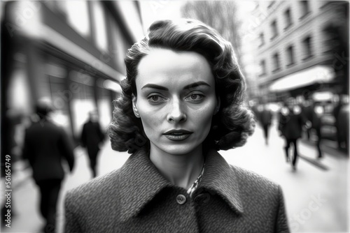 young woman walking in Milano Italy in 1950. monochromatic vintage. This image was created with generative AI,