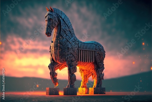 Trojan horse in the digital world, cyborg, ai, futuristic, threatening created with generative ai technology