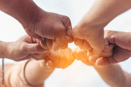 Close up hands Teamwork group of multi racial people meeting join hands. Diversity people hands join empower partnership teams connect volunteer community. Diverse multiethnic Partners team together