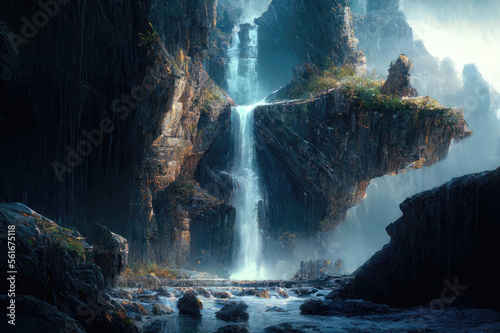 A waterfall cascading down a rocky cliff. AI Generated