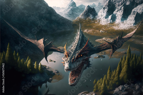 dragon in lake in the mountains