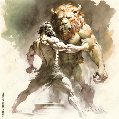 Watercolor painting of Hercules fighting the Nemean Lion Generative Ai