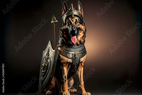 German shepherdt character concept with sword and shield in ancient ages Generative AI