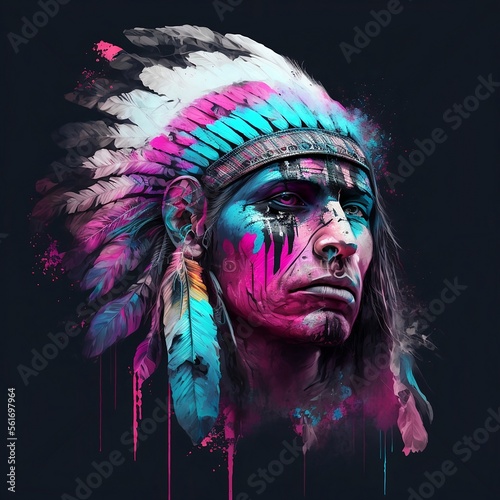 A striking and powerful illustration of an American Native Cherokee Indian chief warrior, rendered in bold and vibrant pink and blue colors, exuding a sense of strength and leadership, Generative AI