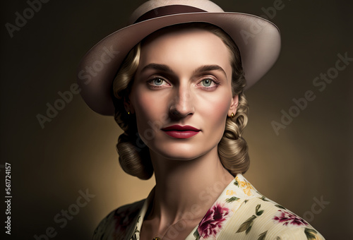 vintage fashion portrait. Caucasian woman with retro 1920s or 1930s style. Generative ai
