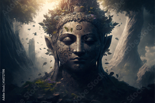 Buddhism stone statue in nature, Generative AI