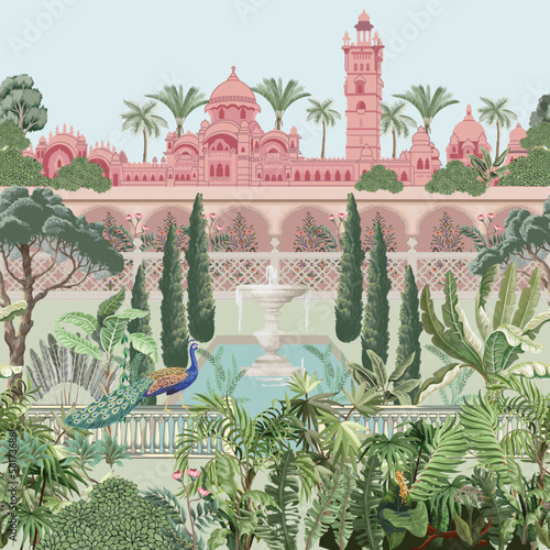 Mughal Garden, peacock, plants. tree, palace, fence vector illustration pattern