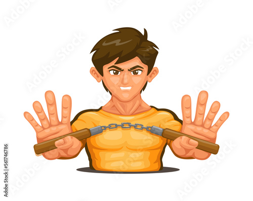 Kungfu man holding nunchaku weapon. martial art character mascot cartoon illustration vector