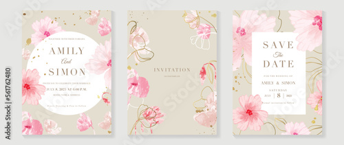 Luxury wedding invitation card background vector. Watercolor blooming flower and golden texture line art with geometric frame template. Design illustration for wedding and vip cover template, banner.