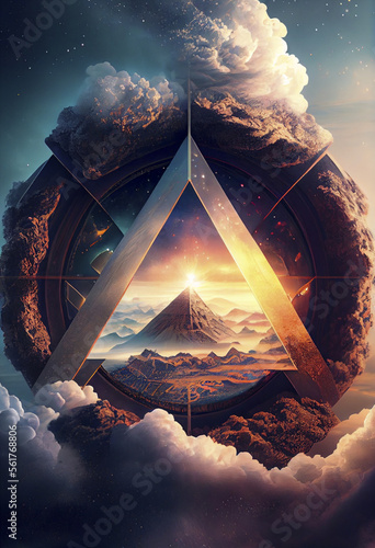 Cosmic surreal landscape, Fantasy, sci-fi illustration. Multidimensional triangular portal with pyramid. Concept art. AI generated. 
